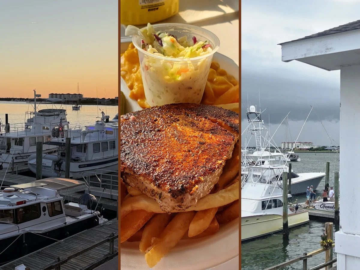 Casual seafood tables beside the water.